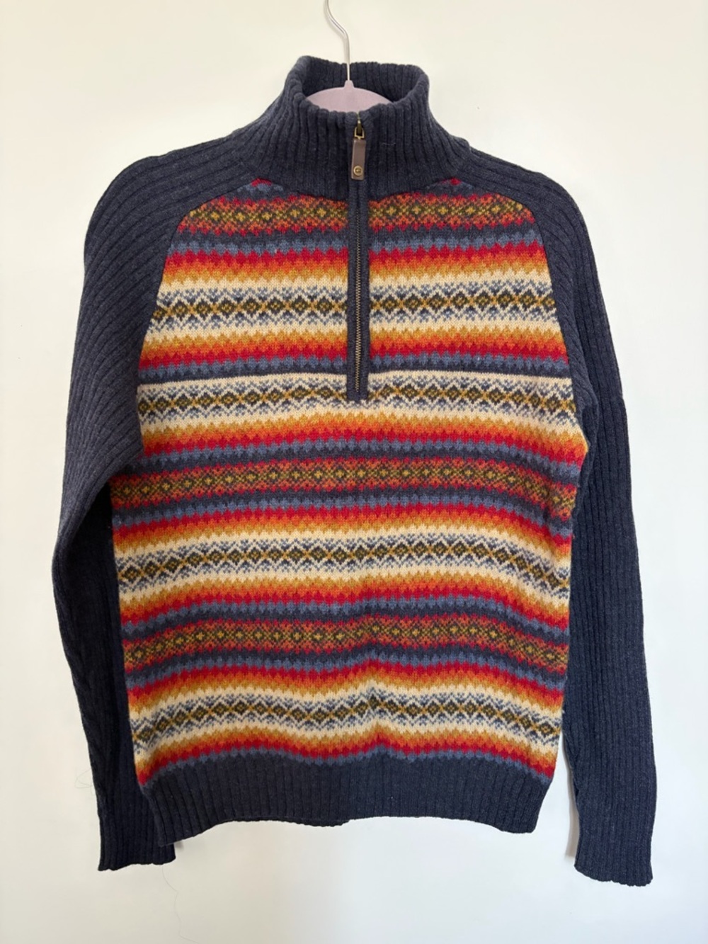 GANT 100% Lambswool Men's Navy Half-Zip Fair Isle Sweater - Large